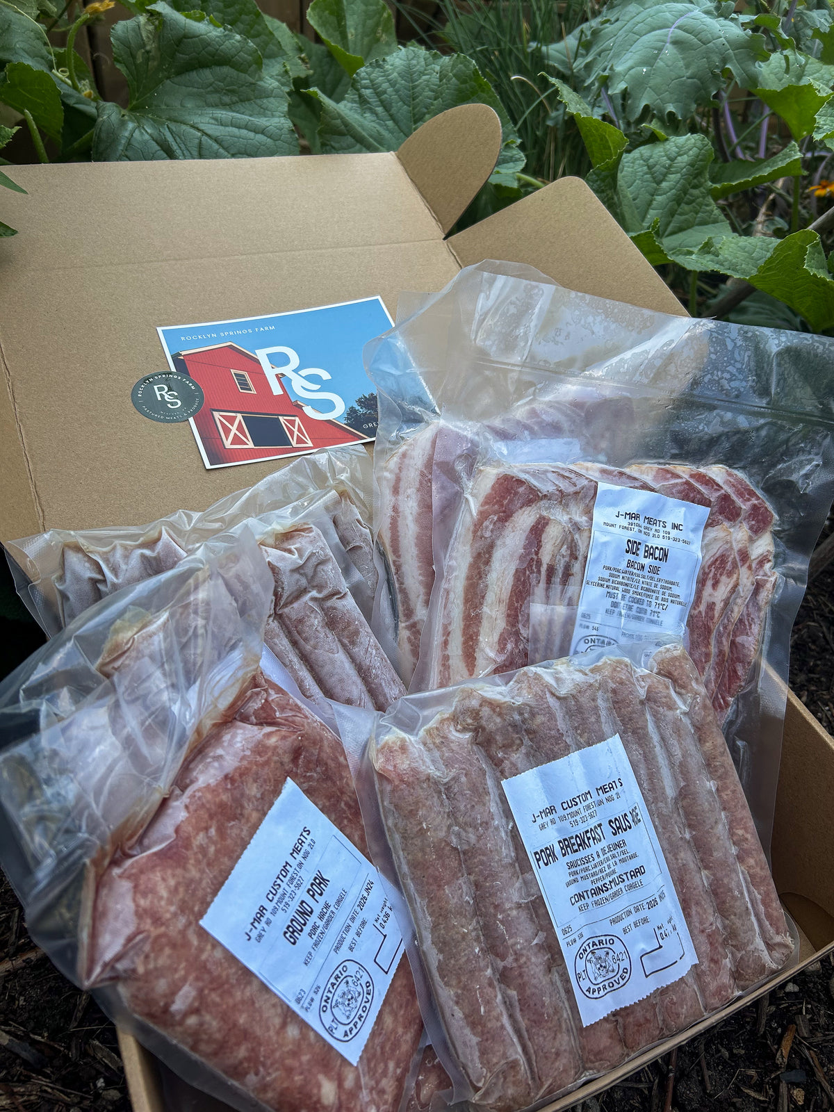 Breakfast Box from Rocklyn Springs Farm, includes breakfast sausage, bacon and ground pork