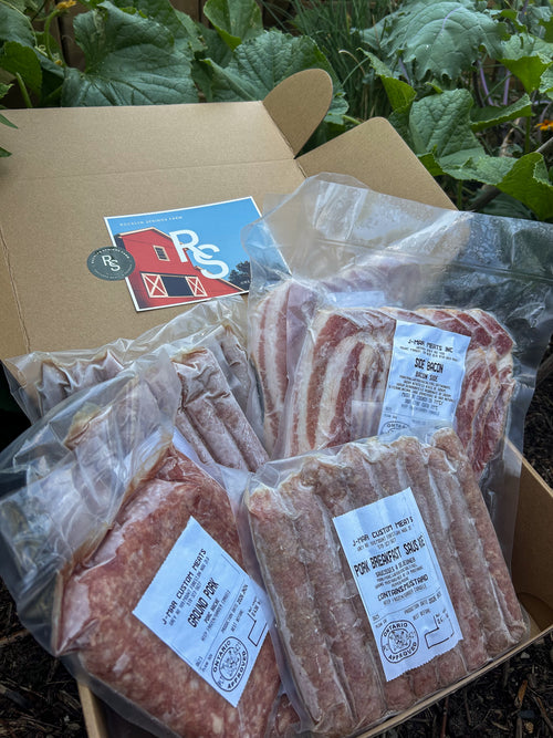 Breakfast Box from Rocklyn Springs Farm, includes breakfast sausage, bacon and ground pork