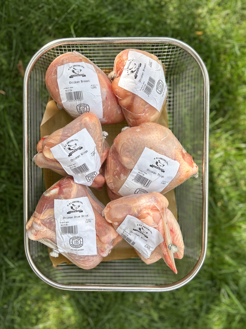 Whole pieced pasture-raised chicken from Rocklyn Springs Farm with boneless breasts, thighs, drumsticks and wings.